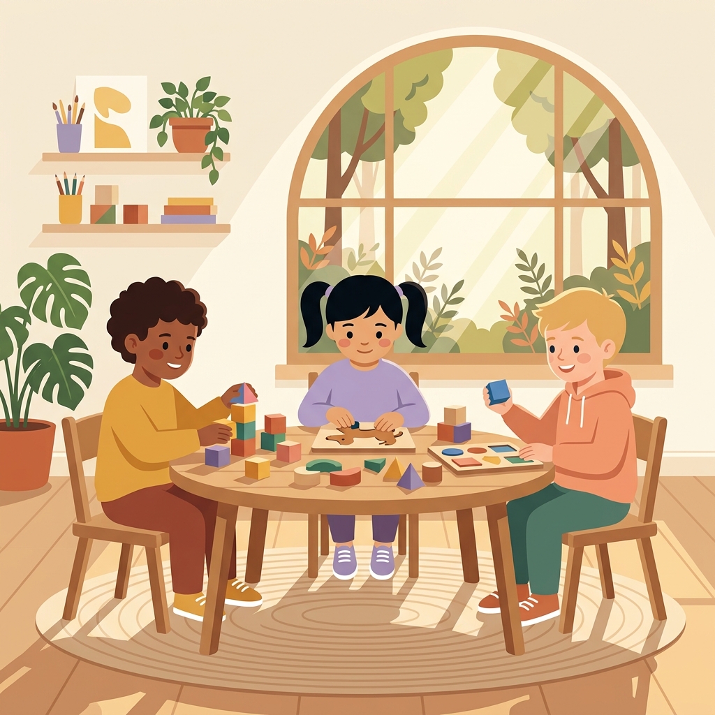 Crianças aprendendo e brincando juntas na Philia